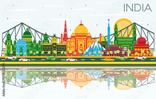 India City Skyline with Color Buildings, Blue Sky and Reflections.