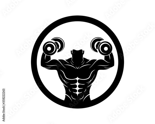 Strong bodybuilder inside in the circle with black colors