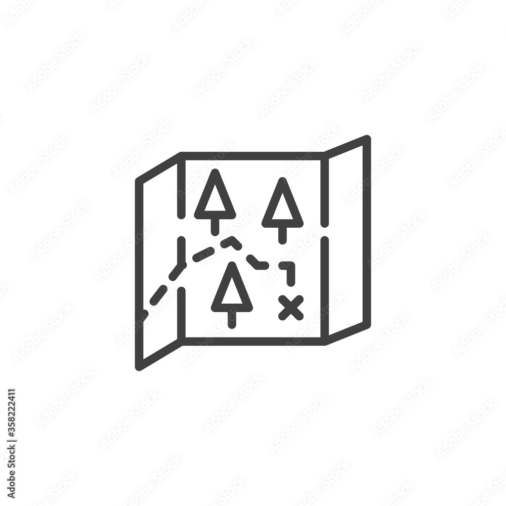 Map with the hiking route line icon. linear style sign for mobile concept and web design. Camping map outline vector icon. Symbol, logo illustration. Vector graphics Map with the hiking route line icon. linear style sign for mobile concept and web design. Camping map outline vector icon. Symbol, logo illustration. Vector graphics