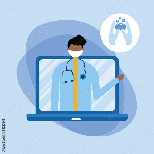 online male doctor with mask on laptop and hands washing vector design