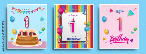 Vector Sets of 1st Years Birthday invitation, greeting card Design, with confetti and balloons, birthday cake, Colorful Vector template Elements for your Birthday Celebration Party.