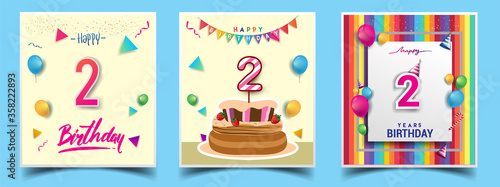 Vector Sets of 2nd Years Birthday invitation, greeting card Design, with confetti and balloons, birthday cake, Colorful Vector template Elements for your Birthday Celebration Party.