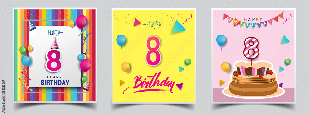 Vector Sets of 8th Years Birthday invitation, greeting card Design, with confetti and balloons, birthday cake, Colorful Vector template Elements for your Birthday Celebration Party. Vector Sets of 8th Years Birthday invitation, greeting card Design, with confetti and balloons, birthday cake, Colorful Vector template Elements for your Birthday Celebration Party.