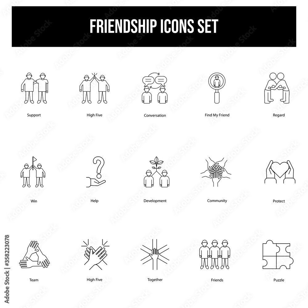 Black Outline Friendship Icon Set in Flat Style.