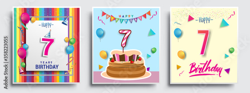 Vector Sets of 7th Years Birthday invitation, greeting card Design, with confetti and balloons, birthday cake, Colorful Vector template Elements for your Birthday Celebration Party.