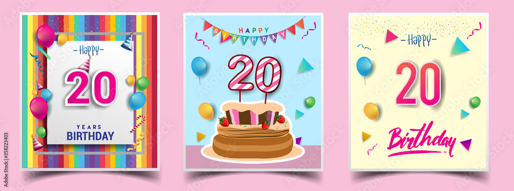 Vector Sets of 20th Years Birthday invitation, greeting card Design, with confetti and balloons, birthday cake, Colorful Vector template Elements for your Birthday Celebration Party.