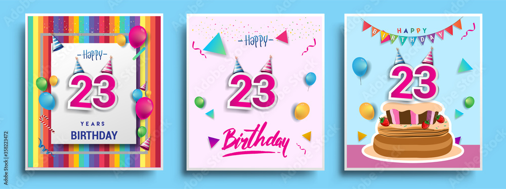 Vector Sets of 23rd Years Birthday invitation, greeting card Design, with confetti and balloons, birthday cake, Colorful Vector template Elements for your Birthday Celebration Party. Vector Sets of 23rd Years Birthday invitation, greeting card Design, with confetti and balloons, birthday cake, Colorful Vector template Elements for your Birthday Celebration Party.