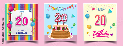 Vector Sets of 20th Years Birthday invitation, greeting card Design, with confetti and balloons, birthday cake, Colorful Vector template Elements for your Birthday Celebration Party.