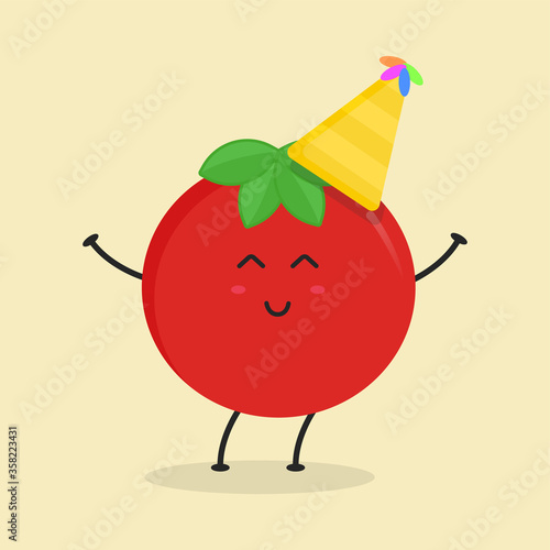 Cute Flat Cartoon Tomato Illustration. Vector illustration of cute tomato with a smiling expression. Cute tomato mascot design