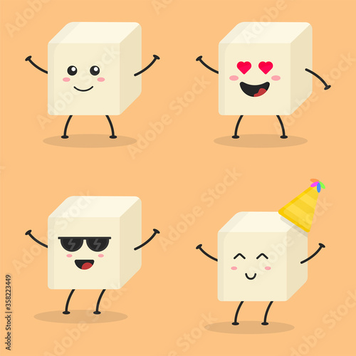 Cute Flat Cartoon Tofu Illustration. Vector illustration of cute tofu with a smiling expression. Cute tofu mascot design