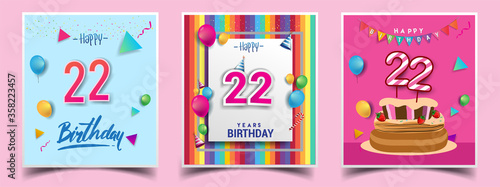 Vector Sets of 22nd Years Birthday invitation, greeting card Design, with confetti and balloons, birthday cake, Colorful Vector template Elements for your Birthday Celebration Party.