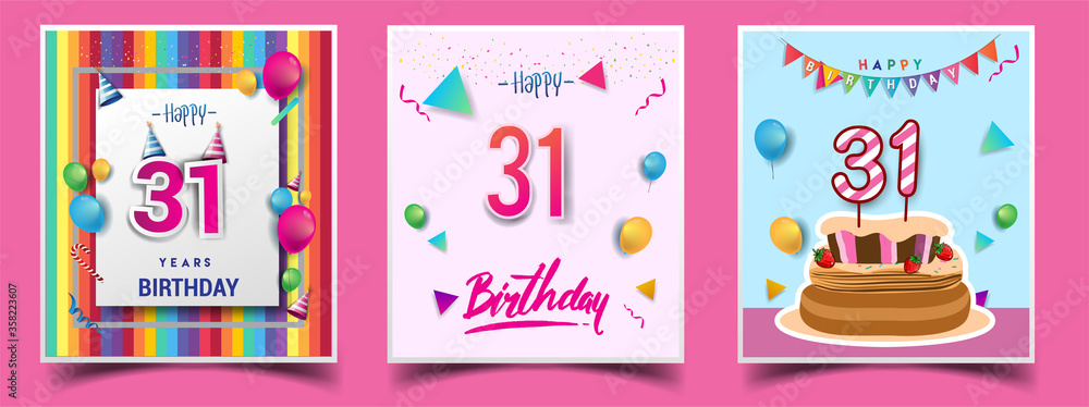 Vector Sets of 31st Years Birthday invitation, greeting card Design, with confetti and balloons, birthday cake, Colorful Vector template Elements for your Birthday Celebration Party. Vector Sets of 31st Years Birthday invitation, greeting card Design, with confetti and balloons, birthday cake, Colorful Vector template Elements for your Birthday Celebration Party.