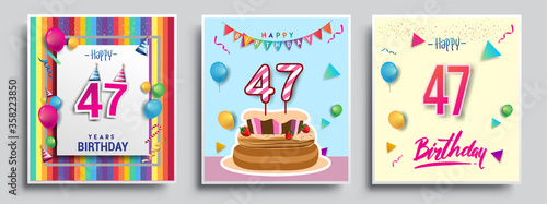 Vector Sets of 47th Years Birthday invitation  greeting card Design  with confetti and balloons  birthday cake  Colorful Vector template Elements for your Birthday Celebration Party.