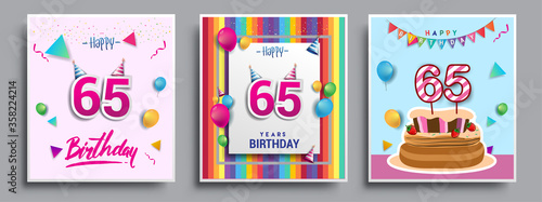 Vector Sets of 65th Years Birthday invitation, greeting card Design, with confetti and balloons, birthday cake, Colorful Vector template Elements for your Birthday Celebration Party.