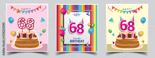 Vector Sets of 68th Years Birthday invitation, greeting card Design, with confetti and balloons, birthday cake, Colorful Vector template Elements for your Birthday Celebration Party.