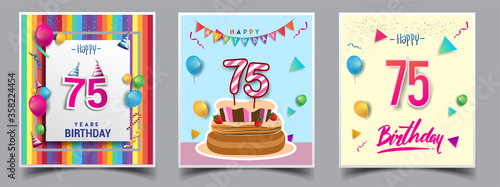 Vector Sets of 75th Years Birthday invitation, greeting card Design, with confetti and balloons, birthday cake, Colorful Vector template Elements for your Birthday Celebration Party.