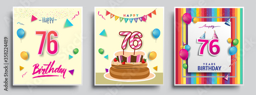 Vector Sets of 76th Years Birthday invitation, greeting card Design, with confetti and balloons, birthday cake, Colorful Vector template Elements for your Birthday Celebration Party.