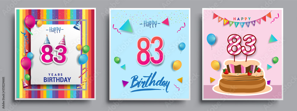 Vector Sets of 83rd Years Birthday invitation, greeting card Design, with confetti and balloons, birthday cake, Colorful Vector template Elements for your Birthday Celebration Party. Vector Sets of 83rd Years Birthday invitation, greeting card Design, with confetti and balloons, birthday cake, Colorful Vector template Elements for your Birthday Celebration Party.
