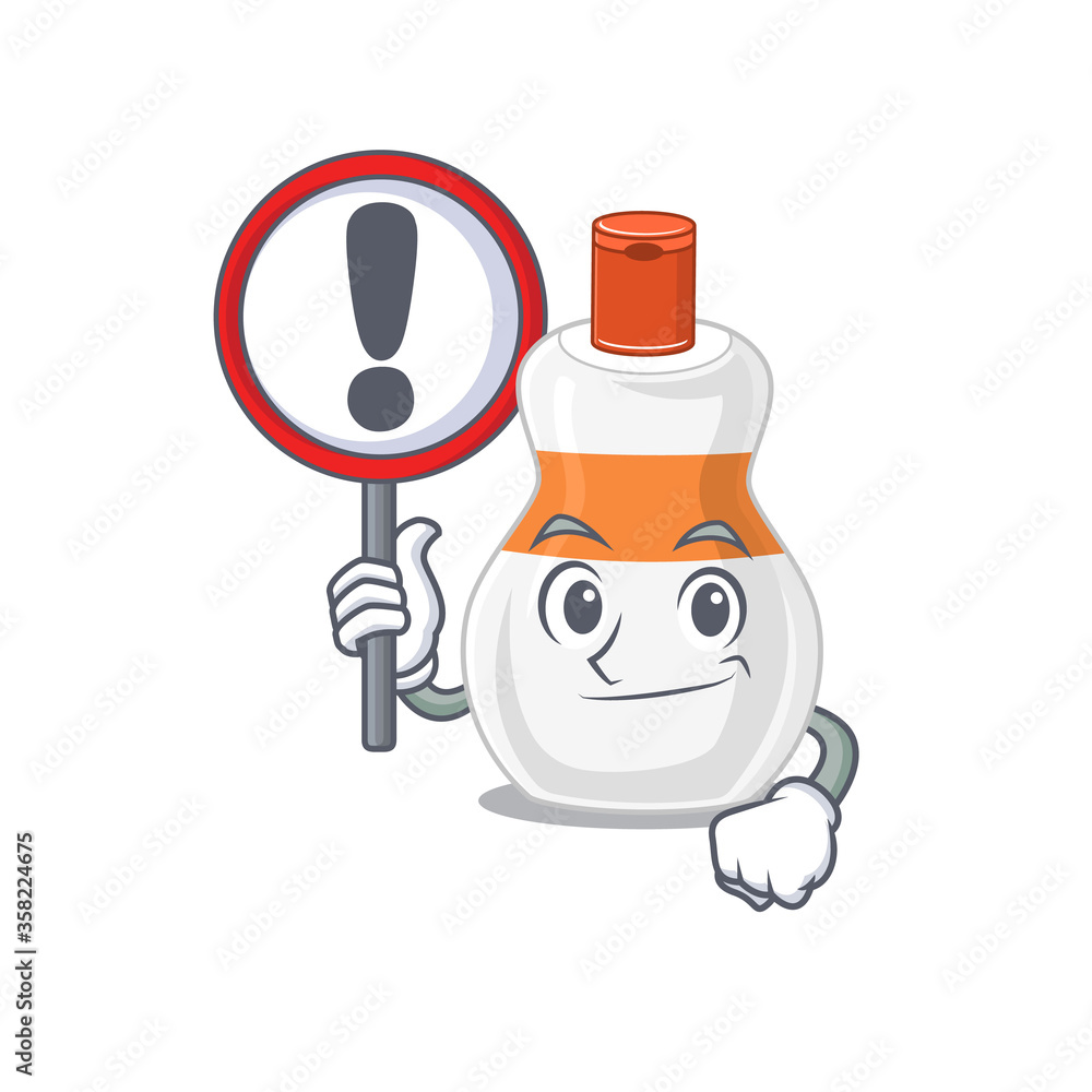 A cartoon icon of body lotion with a exclamation sign board A cartoon icon of body lotion with a exclamation sign board