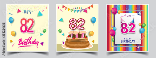 Vector Sets of 82nd Years Birthday invitation, greeting card Design, with confetti and balloons, birthday cake, Colorful Vector template Elements for your Birthday Celebration Party.