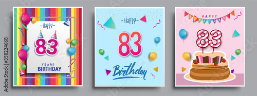 Vector Sets of 83rd Years Birthday invitation, greeting card Design, with confetti and balloons, birthday cake, Colorful Vector template Elements for your Birthday Celebration Party.