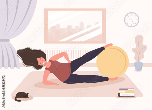 Yoga during pregnancy. Woman doing fitness exercises with fitball. Health care and sport concept. Beauty female character at home interior. Vector illustration in flat style.