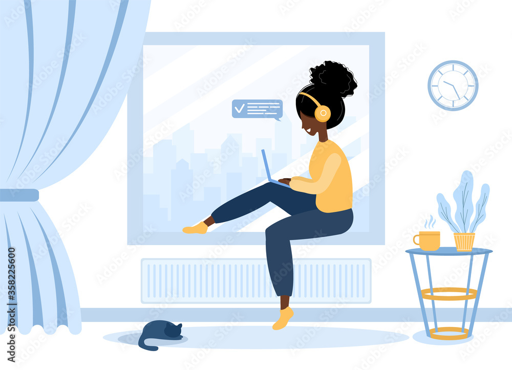 Women freelance. African girl in headphones with laptop sitting on the windowsill. Concept illustration for working, studying, education, work from home. Vector illustration in flat style. Women freelance. African girl in headphones with laptop sitting on the windowsill. Concept illustration for working, studying, education, work from home. Vector illustration in flat style.