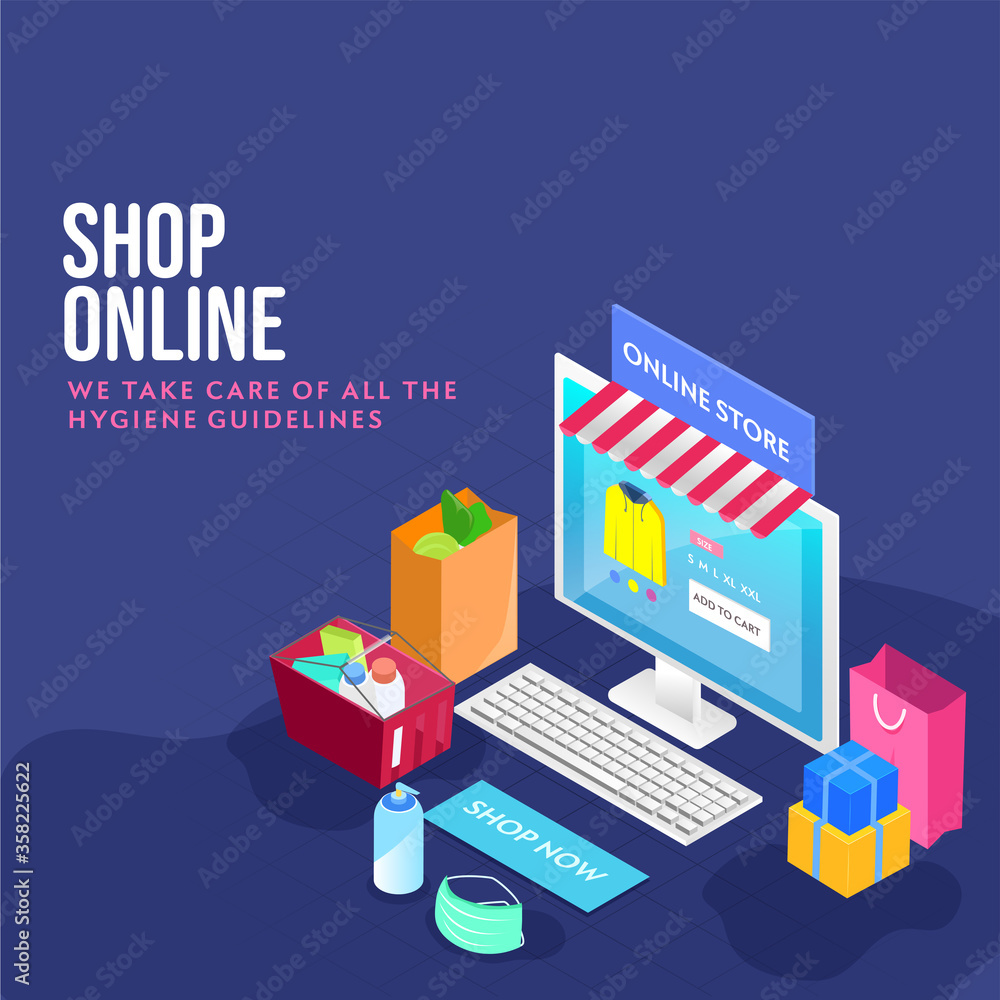 3D Illustration of Online Store App in Desktop with Keyboard, Basket Full of Products, Carry Bag, Medical Mask, Sanitizer Bottle and Gift Boxes on Blue Background.