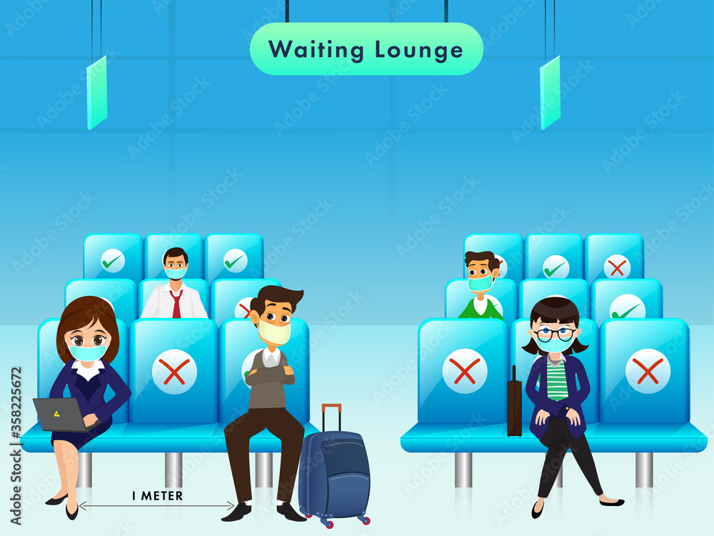 People wearing medical mask maintain social distance on seat of waiting lounge to prevent from Coronavirus. People wearing medical mask maintain social distance on seat of waiting lounge to prevent from Coronavirus.