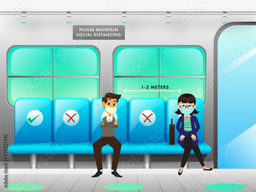 Illustration of man and woman wearing medical mask travelling at train with maintain social distance to prevent from Coronavirus.