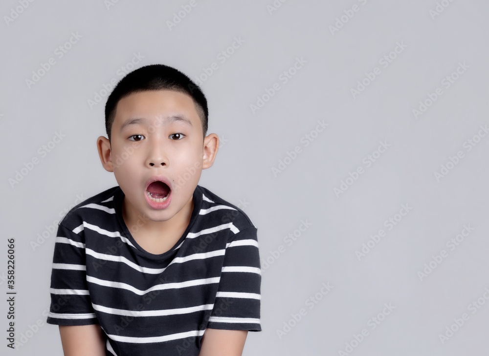 Asian boys studio portrait on gray background with looks shocked Asian boys studio portrait on gray background with looks shocked