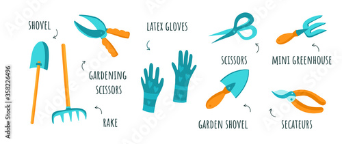Vector set of various garden tools, such as a fork, scissors, shovel, pruner, rubber gloves. Clip art in flat style on a white background with captions. Stickers, garden tools, farm