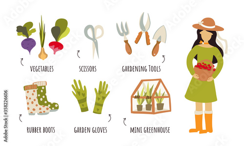 Healthy vegetables and farm tools, vector infographic. Girl lifestyle, woman figure, vegetables, garden gloves, rubber boots, greenhouse, scissors. Clip art illustration in flat style.