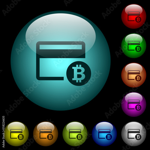 Bitcoin credit card icons in color illuminated glass buttons