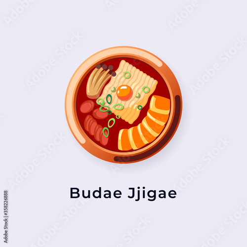 Delicious Budae Jjigae / Army Stew vector illustration from top view, South Korea dish vector