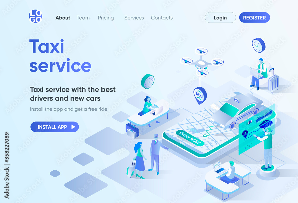 Taxi service isometric landing page. Best drivers and new cars, city transfer, passenger transportation. Online taxi order template for CMS and website builder. Isometry scene with people characters.