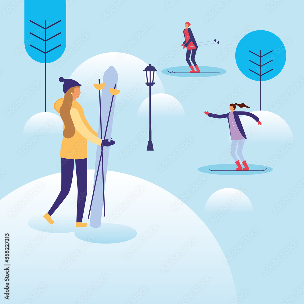 Women and man at snow vector design