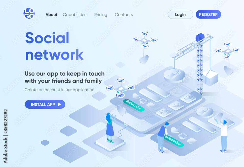Social network isometric landing page. Mobile communication service, online chatting and media content sharing. Messaging template for CMS and website builder. Isometry scene with people characters Social network isometric landing page. Mobile communication service, online chatting and media content sharing. Messaging template for CMS and website builder. Isometry scene with people characters