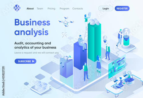 Business analysis isometric landing page. Professional audit, accounting and analytics service. Consulting company template for CMS and website builder. Isometry scene with people characters.
