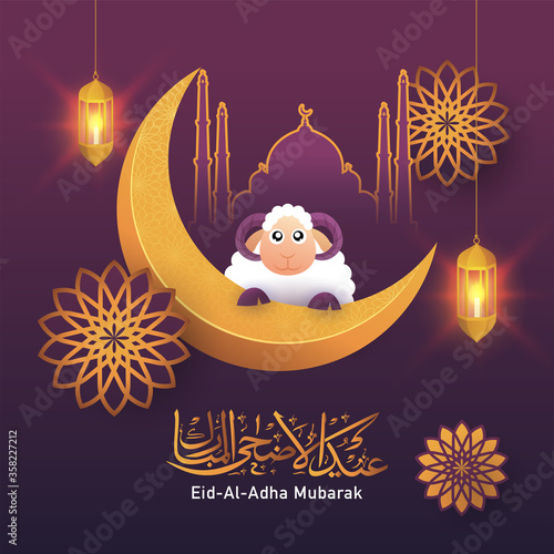 Fotografie Golden Eid-Al-Adha Mubarak Calligraphy with Crescent Moon, Cartoon Sheep, Hanging Illuminated Lanterns, Paper Cut Mosque and Mandala Pattern on Gradient Purple Background