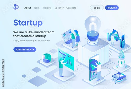Startup project isometric landing page. Startup founding, business idea generation and development. Innovation solution template for CMS and website builder. Isometry scene with people characters.