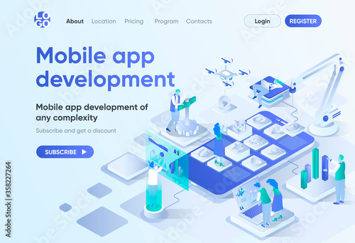 Mobile app development isometric landing page. UI UX responsive design, front end and back end development. Mobile software template for CMS and website builder. Isometry scene with people characters.