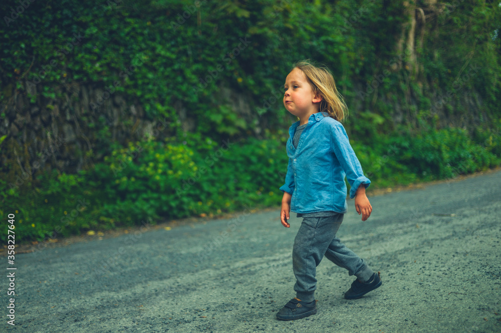 Little preschooler walking on countryside road Little preschooler walking on countryside road