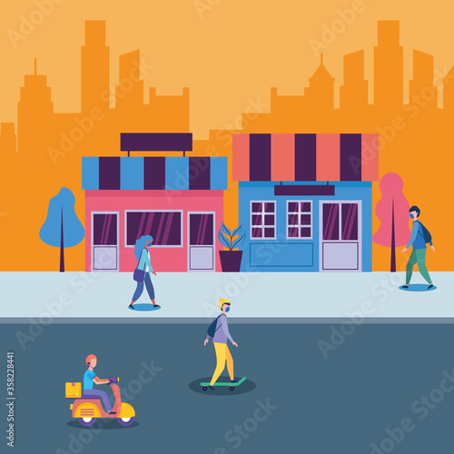 people with masks at street in front of stores vector design