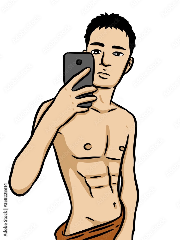 Fototapeta premium Cartoon man use mobile for selfie