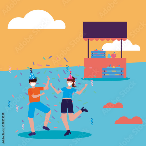 People with medical masks and party hats at park with store vector design