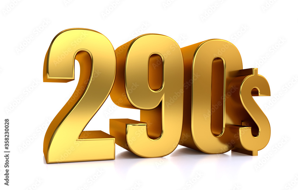 290$. Two hundred and ninety price symbol. gold text 3d render. on white background 290$. Two hundred and ninety price symbol. gold text 3d render. on white background