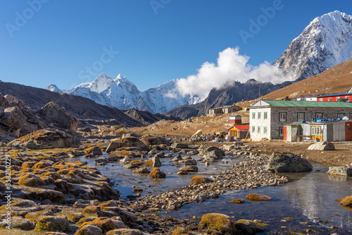 Lobuche village in Everest region in a morning, Himalaya mountains range, Nepal photo
