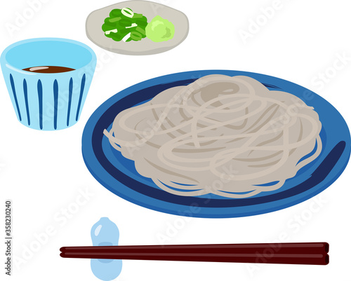 盛り蕎麦と蕎麦つゆと薬味