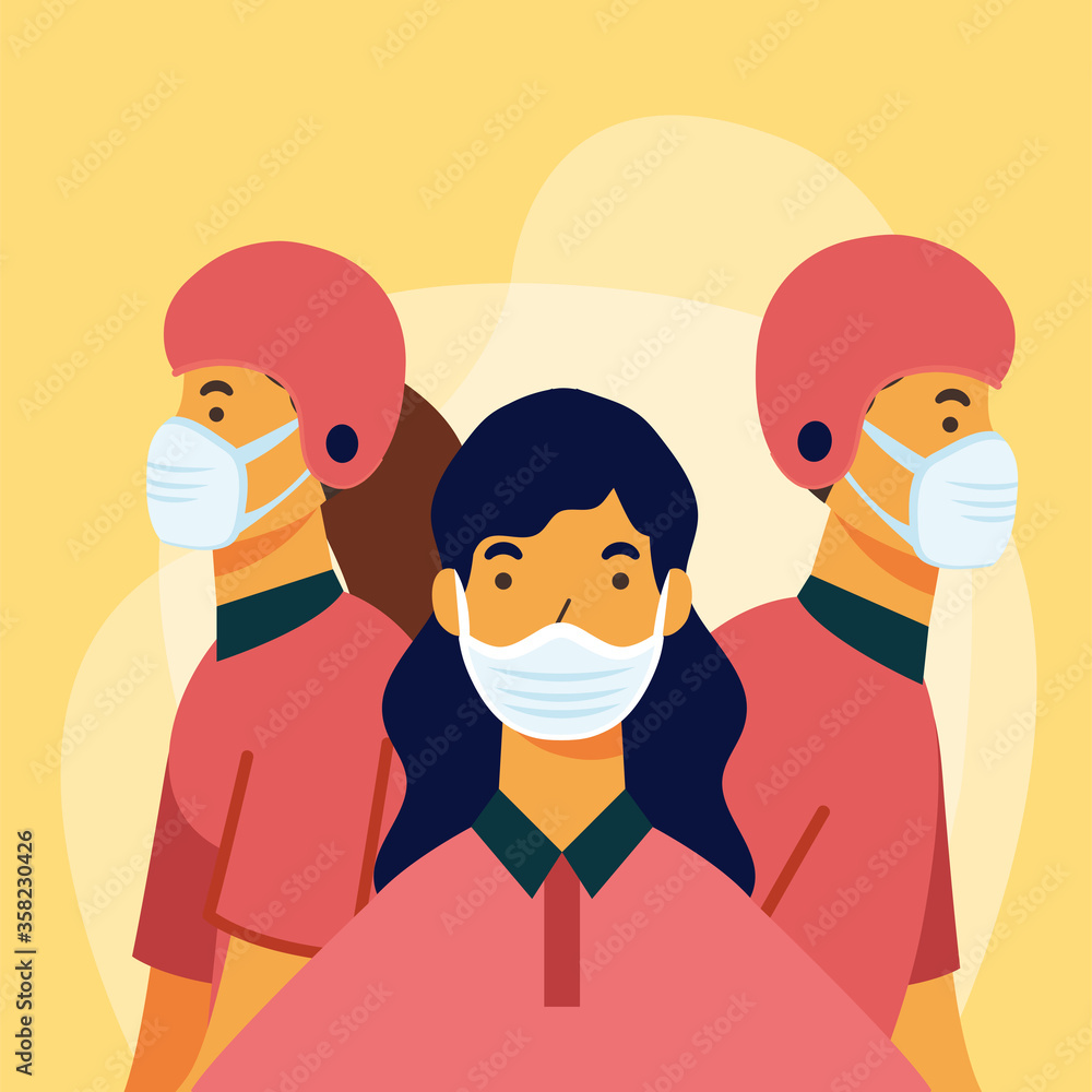 delivery woman and men with masks and helmets vector design delivery woman and men with masks and helmets vector design